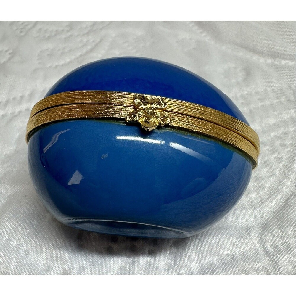 Limoges Rabbit Porcelain & Blue Egg Trinket Brass Hinged Boxes France - Picture 3 of 16